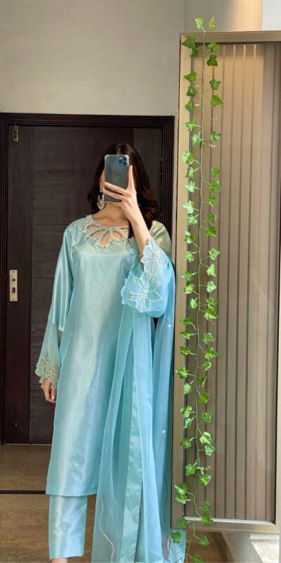 Sky Blue Moss Satin Embroidery Bead Work Salwar Suit
