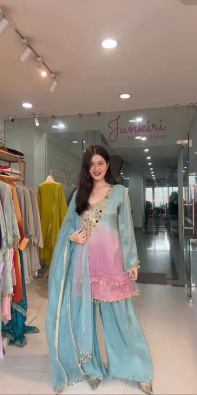 Sky Blue Printed Crape Silk Mirror Work Salwar Suit