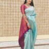 Sky Blue Soft Lichi Silk Lace Work Border Saree