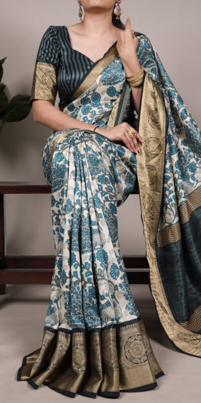 Sky Blue Tasar Silk Lace Border Work Saree