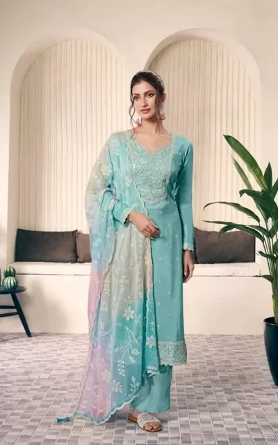 Sky Blue Vichitra Digital Print Embroidery Work Salwar Suit