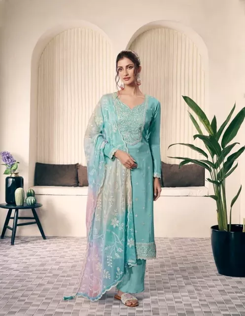 Sky Blue Vichitra Digital Print Embroidery Work Salwar Suit