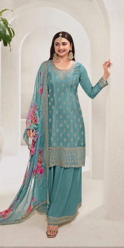 Sky Blue Viscose Chinon Embroidery Work Salwar Suit