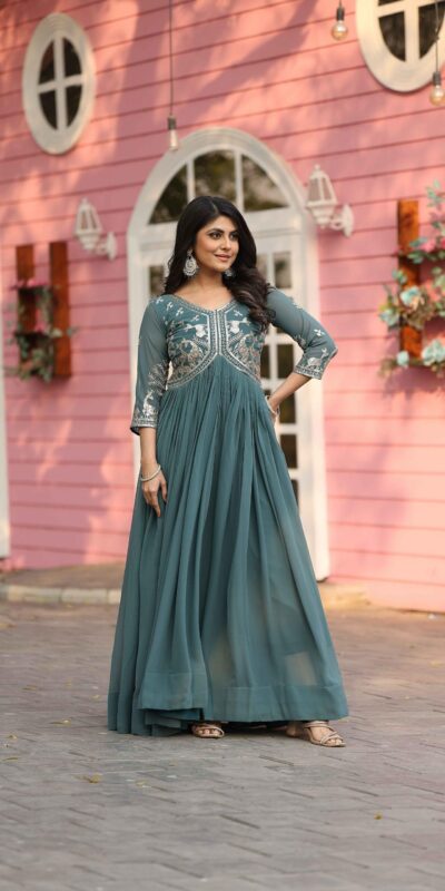 Teal Fox Georgette With Sequence Work Gown