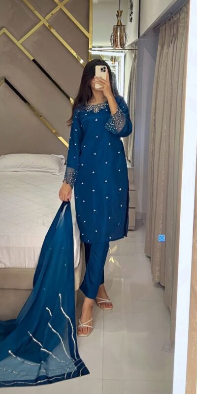 Teal Moss Satin Embroidery Bead Work Salwar Suit