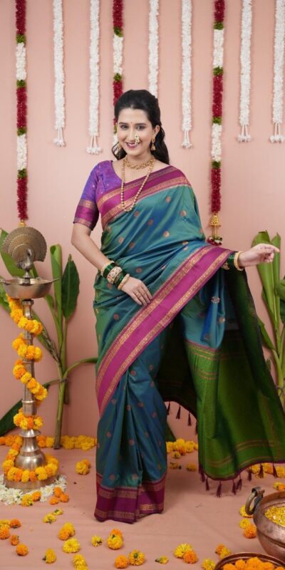 Teal Silk Paithni Weaving Zari Work Saree