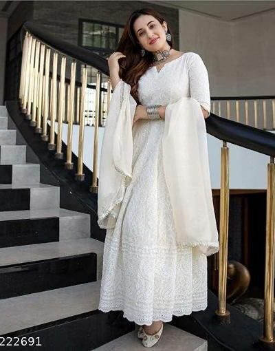 White Cotton Chikan Sevens Lace Work Gown