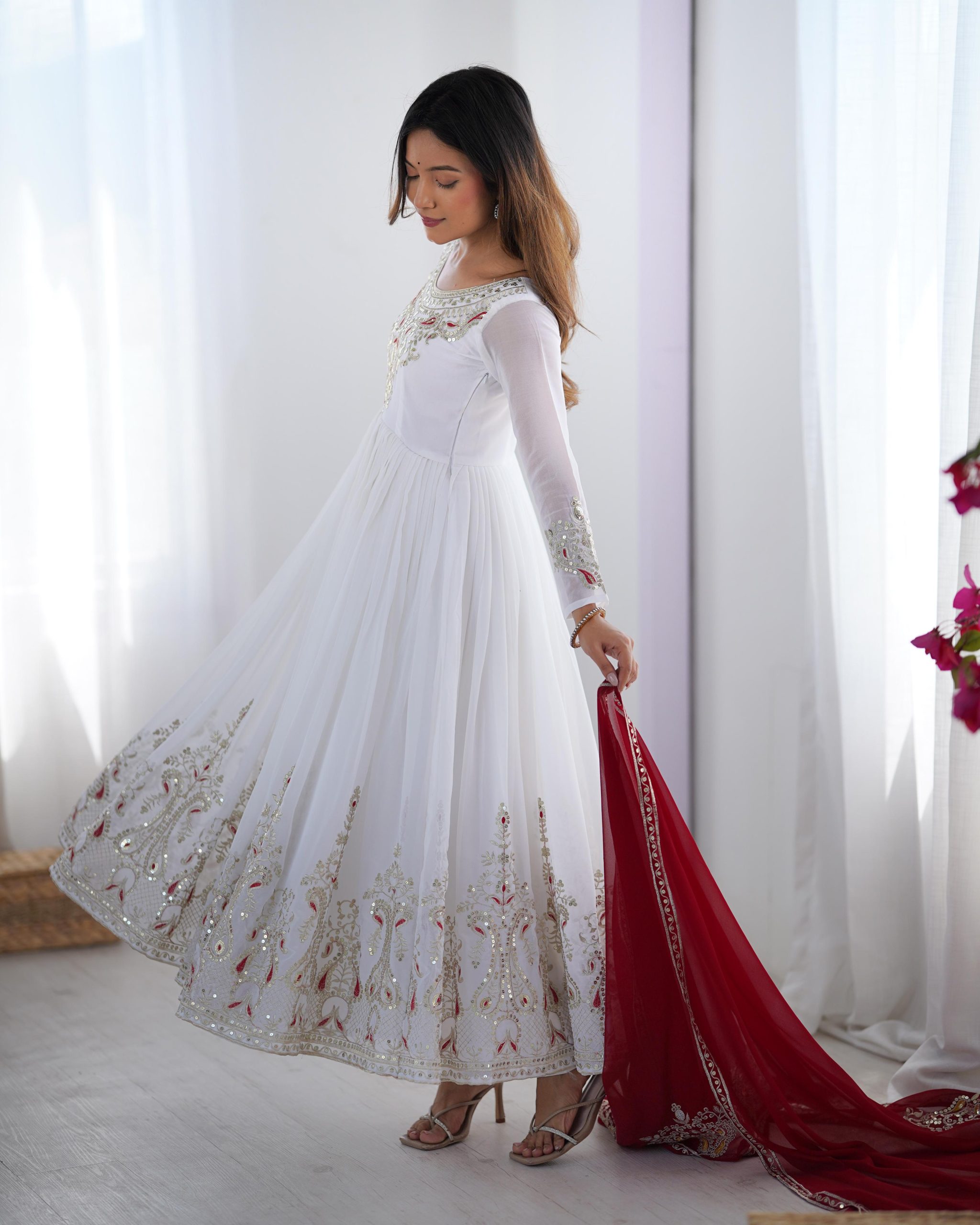 ZF 5008 White Georgette Gown with Embroidery Work. Wedding, Party, Festive, Events, Special Price ₹2049. Delivery 4-6 Working Days. Shop now. | Jump Suits, Salwar suit, Casual Suits, Creative suits, Designer Suits, Palazzo Suits, Party Wear Suits, Patiala Suits, Straight Suits