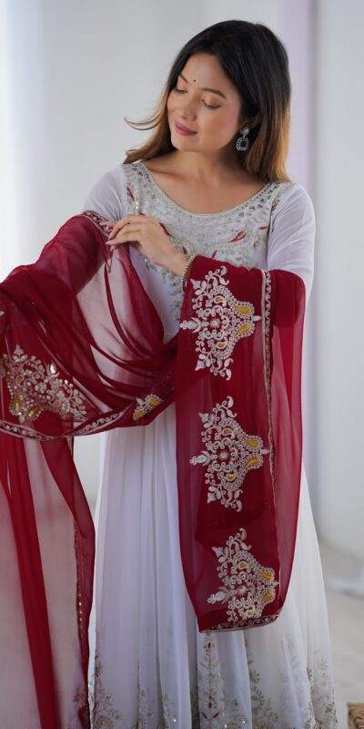 ZF 5008 White Georgette Gown with Embroidery Work. Wedding, Party, Festive, Events, Special Price ₹2049. Delivery 4-6 Working Days. Shop now. | Jump Suits, Salwar suit, Casual Suits, Creative suits, Designer Suits, Palazzo Suits, Party Wear Suits, Patiala Suits, Straight Suits