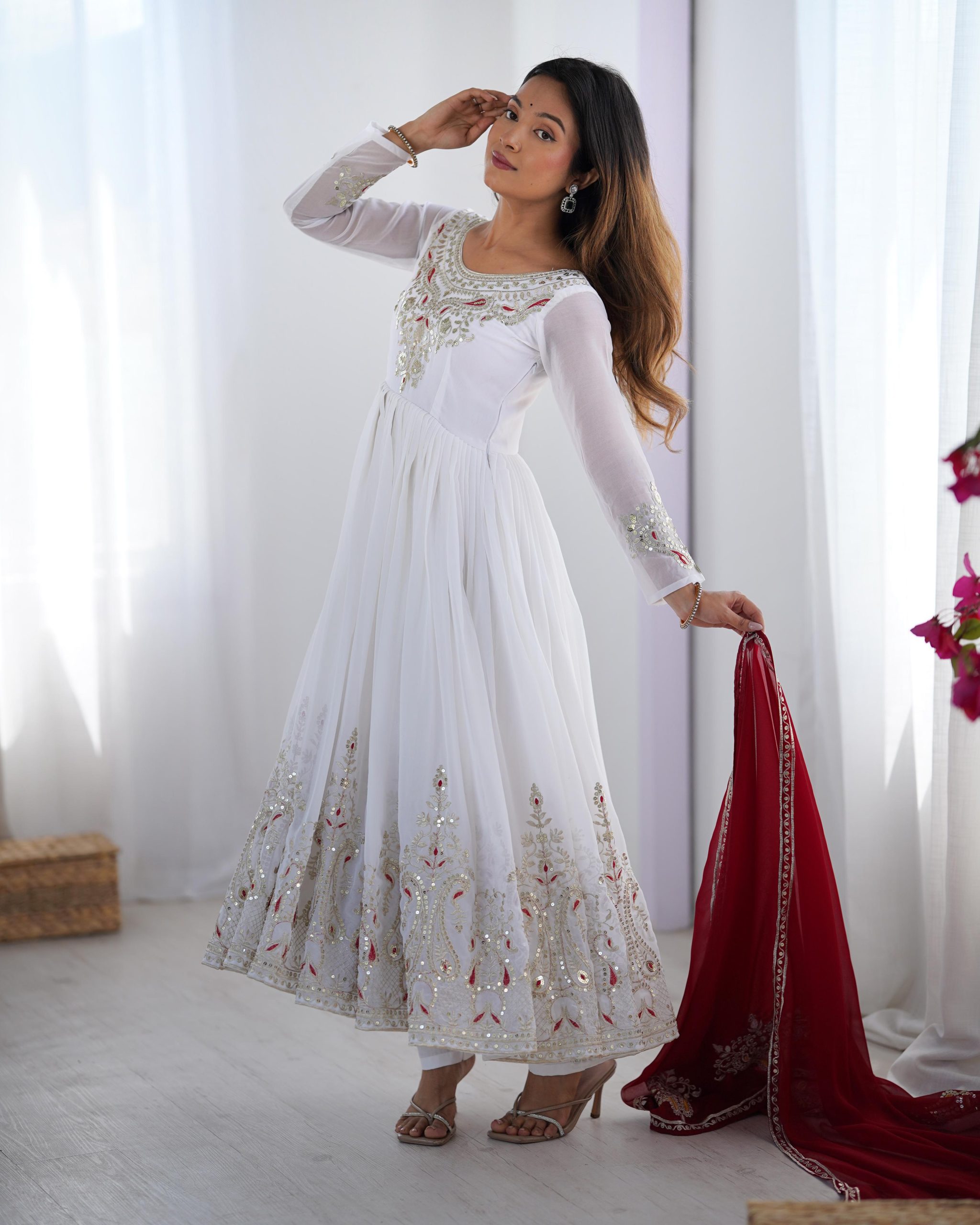 ZF 5008 White Georgette Gown with Embroidery Work. Wedding, Party, Festive, Events, Special Price ₹2049. Delivery 4-6 Working Days. Shop now. | Jump Suits, Salwar suit, Casual Suits, Creative suits, Designer Suits, Palazzo Suits, Party Wear Suits, Patiala Suits, Straight Suits
