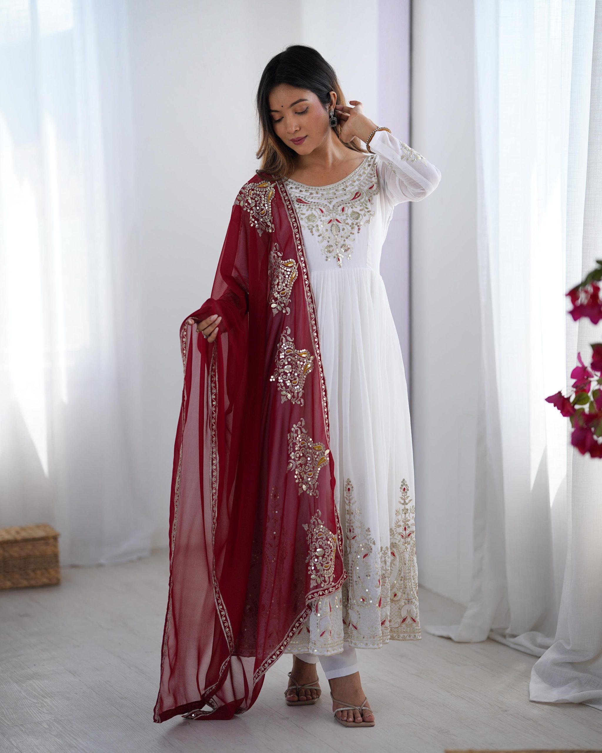 ZF 5008 White Georgette Gown with Embroidery Work. Wedding, Party, Festive, Events, Special Price ₹2049. Delivery 4-6 Working Days. Shop now. | Jump Suits, Salwar suit, Casual Suits, Creative suits, Designer Suits, Palazzo Suits, Party Wear Suits, Patiala Suits, Straight Suits