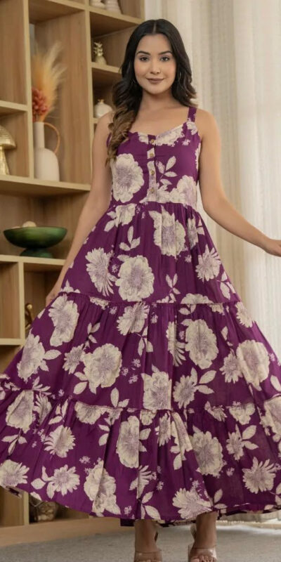 Wine Cotton With Printed Gown