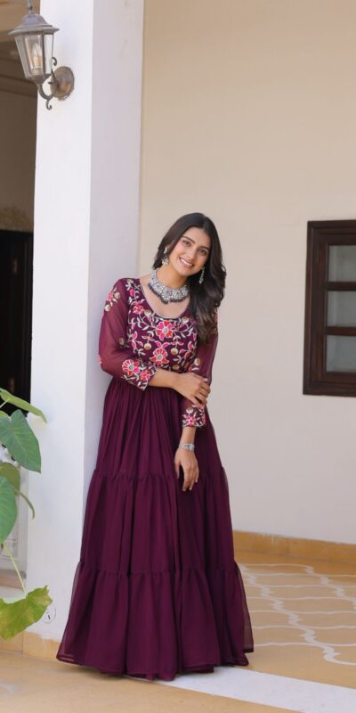 Ram 082 Wine Fox Georgette Gown Perfect for Wedding, Party, Sangeet, Durga Puja, Reception – . Grab it for ₹1849. Delivery 4-6 Working Days. Shop now. | Jump Suits, Salwar suit, Casual Suits, Creative suits, Designer Suits, Palazzo Suits, Party Wear Suits, Patiala Suits, Straight Suits