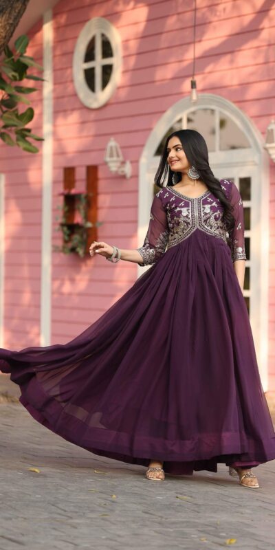 Wine Fox Georgette With Sequence Work Gown