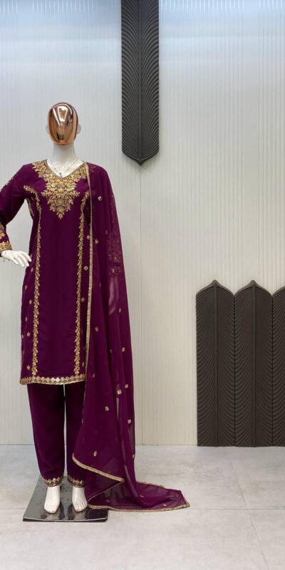 Wine Georgette Embroidery Work Salwar Suit