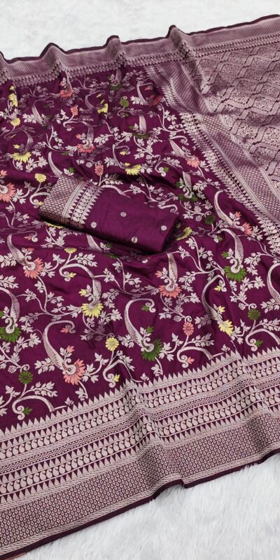 Wine Khaddi Pashmina Lace Zari Work Saree