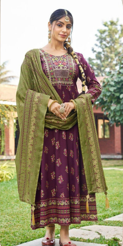 Wine Rayon Embroidery Work Gown