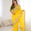 Yellow Chinon Silk Embroidery Sequins Work Saree
