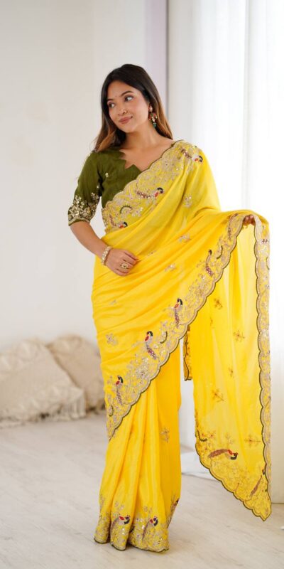 Yellow Chinon Silk Embroidery Sequins Work Saree