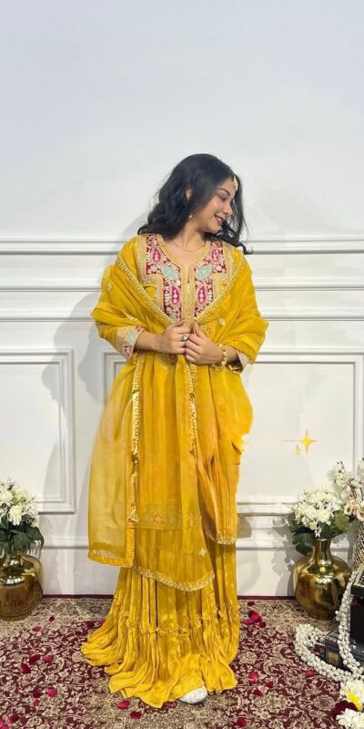 SSR 505 Yellow Chinon Silk With Salwar Suit Perfect for Wedding, Party, Durga Puja, Anniversary, Ethnic Day . Delivery 4-6 Working Days. At 2049 Shop now. | Gowns, Bollywood Gowns, Creative Gowns, Designer Gowns, Embroidered Gowns, Party Wear Gowns