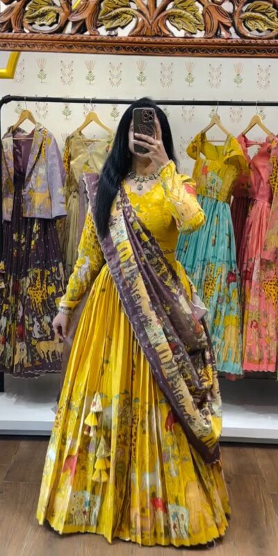 Yellow Cotton Kalamkari Print Lehenga Choli