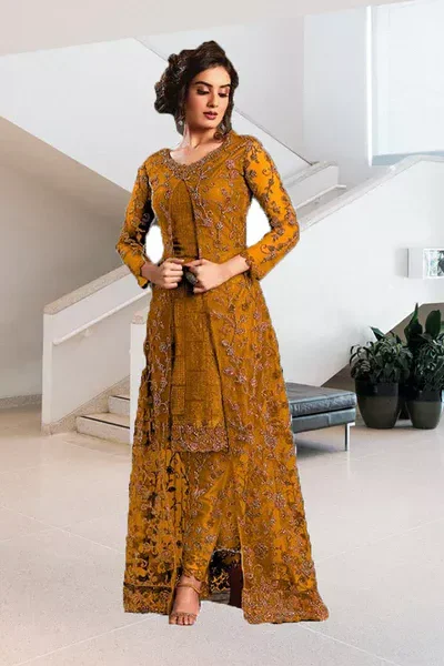 Yellow Net Stone Work Salwar Suit