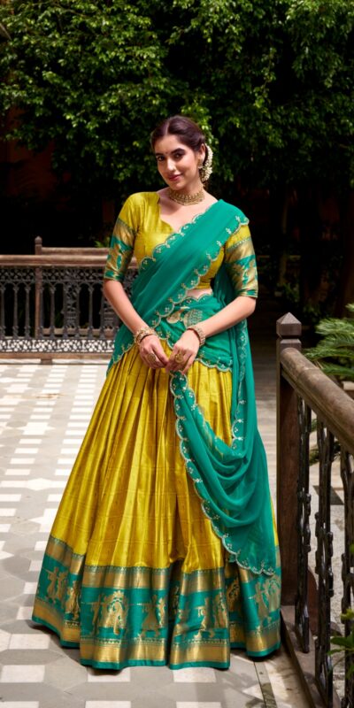Yellow Poly Cotton Embroidery Zari Work Lehenga Choli