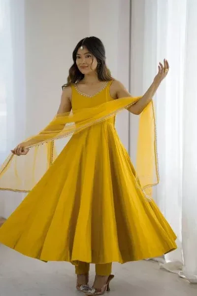 KB 285 Yellow in Roman Silk Chanderi Mirror Work & Lace Work Gown . Best Price ₹1929. Delivery 4-6 Working Days. Shop now. | Jump Suits, Salwar suit, Casual Suits, Creative suits, Designer Suits, Palazzo Suits, Party Wear Suits, Patiala Suits, Straight Suits