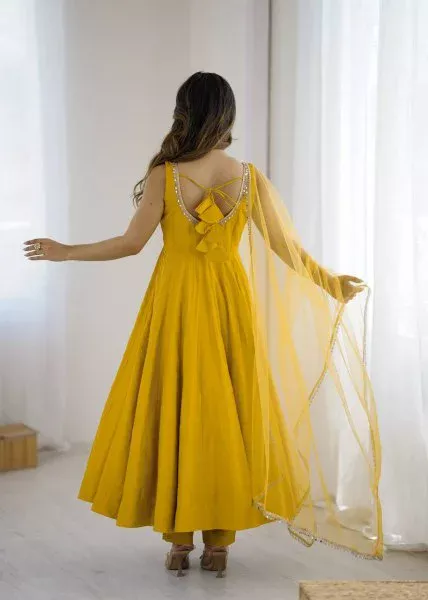 Yellow Roman Silk Chanderi Mirror Work Gown - Image 9