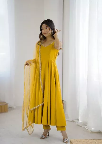 Yellow Roman Silk Chanderi Mirror Work Gown