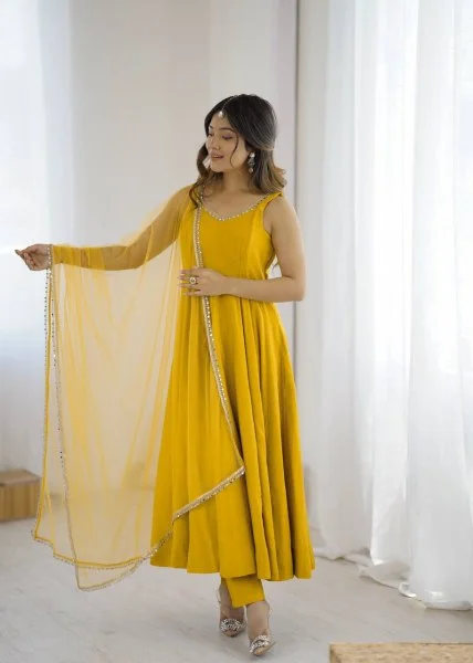 Yellow Roman Silk Chanderi Mirror Work Gown - Image 7