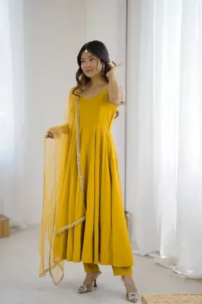 KB 285 Yellow in Roman Silk Chanderi Mirror Work & Lace Work Gown . Best Price ₹1929. Delivery 4-6 Working Days. Shop now. | Jump Suits, Salwar suit, Casual Suits, Creative suits, Designer Suits, Palazzo Suits, Party Wear Suits, Patiala Suits, Straight Suits