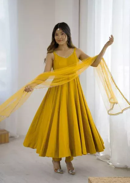 Yellow Roman Silk Chanderi Mirror Work Gown - Image 6