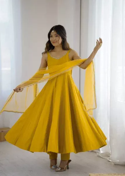Yellow Roman Silk Chanderi Mirror Work Gown - Image 5