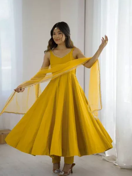Yellow Roman Silk Chanderi Mirror Work Gown - Image 4