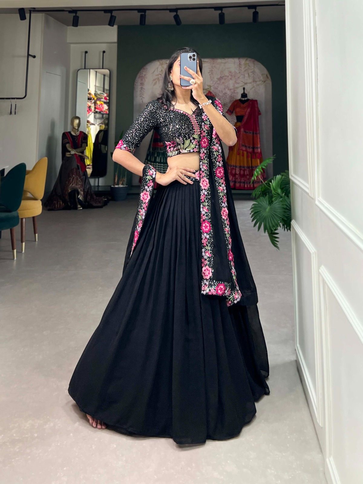 Black Georgette Plain Embroidery Lehenga Choli - Image 3