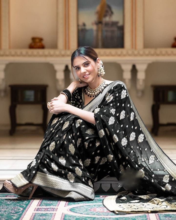 Black Soft Lichi Silk Jacquard Work Saree - Image 2