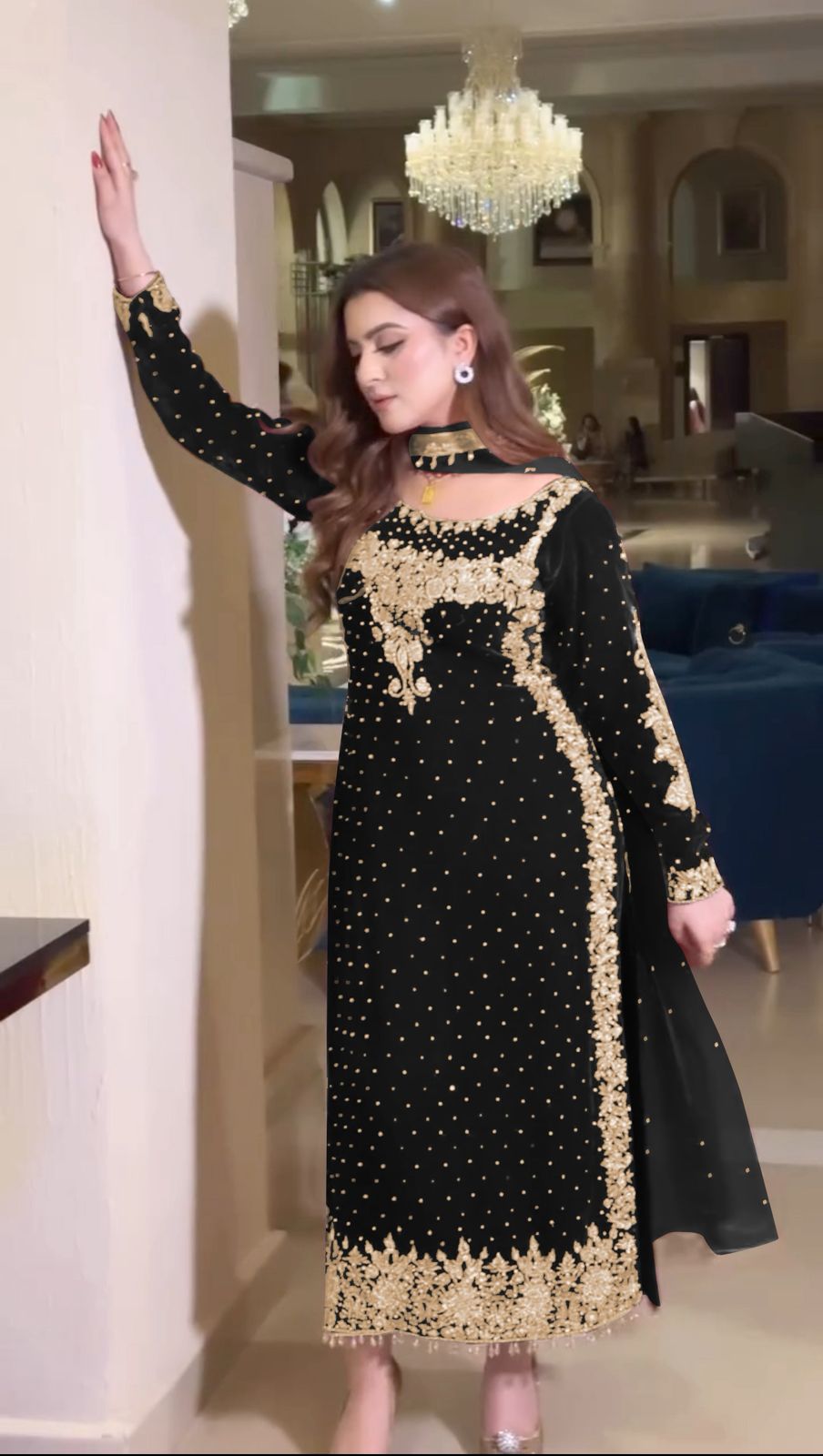 Black Viscose Velvet Lace Embroidery Work Salwar Suit