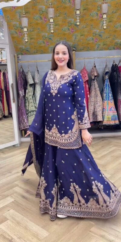 Blue Chinon Embroidery Work Salwar Suit