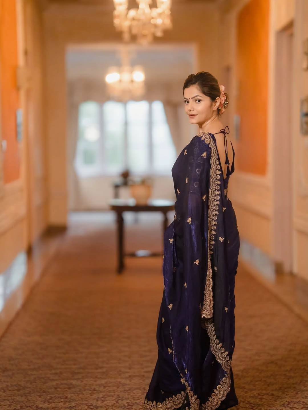 Blue Fandy Satin Silk Zari Work Saree - Image 3