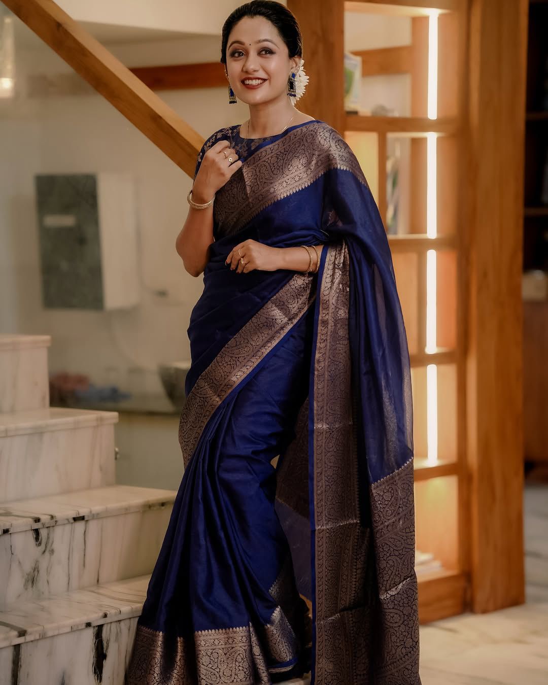 Blue Soft Lichi Silk Border Lace Work Saree