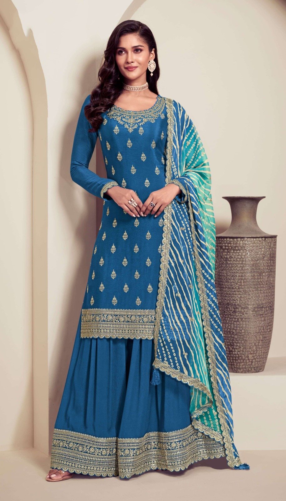 Blue Viscose Chinon With Zari Work Salwar Suit