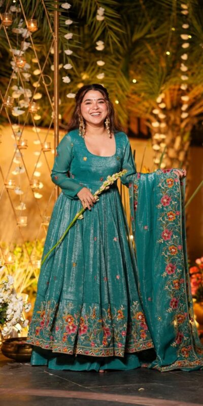 NSR 880 Firozi Crunchy Silk Gown with Embroidery Work. Wedding, Party, Festive, Events Grab it for ₹2249. Delivery 4-6 Working Days. Shop now. | Gowns, Bollywood Gowns, Creative Gowns, Designer Gowns, Embroidered Gowns, Party Wear Gowns