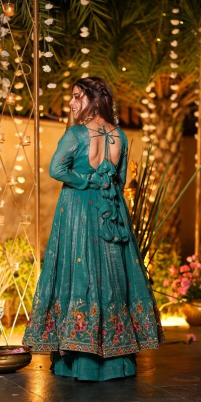 NSR 880 Firozi Crunchy Silk Gown with Embroidery Work. Wedding, Party, Festive, Events Grab it for ₹2249. Delivery 4-6 Working Days. Shop now. | Gowns, Bollywood Gowns, Creative Gowns, Designer Gowns, Embroidered Gowns, Party Wear Gowns