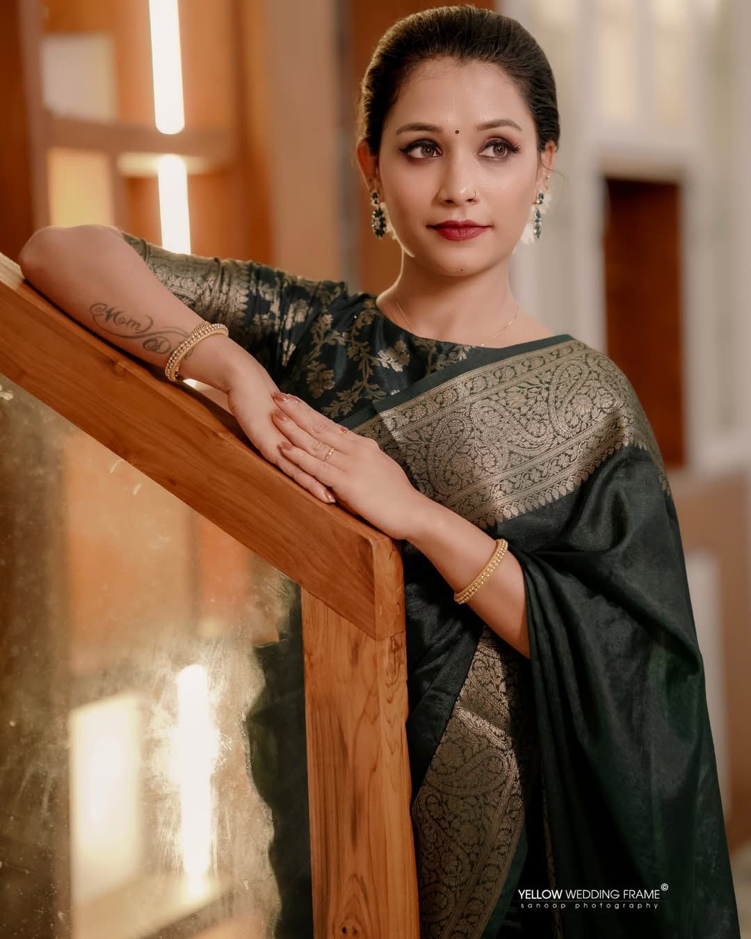 Green Soft Lichi Silk Border Lace Work Saree - Image 3