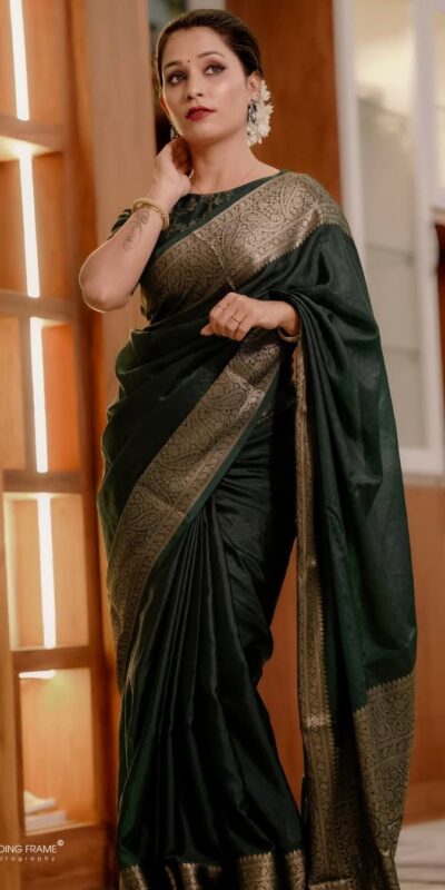 Green Soft Lichi Silk Border Lace Work Saree