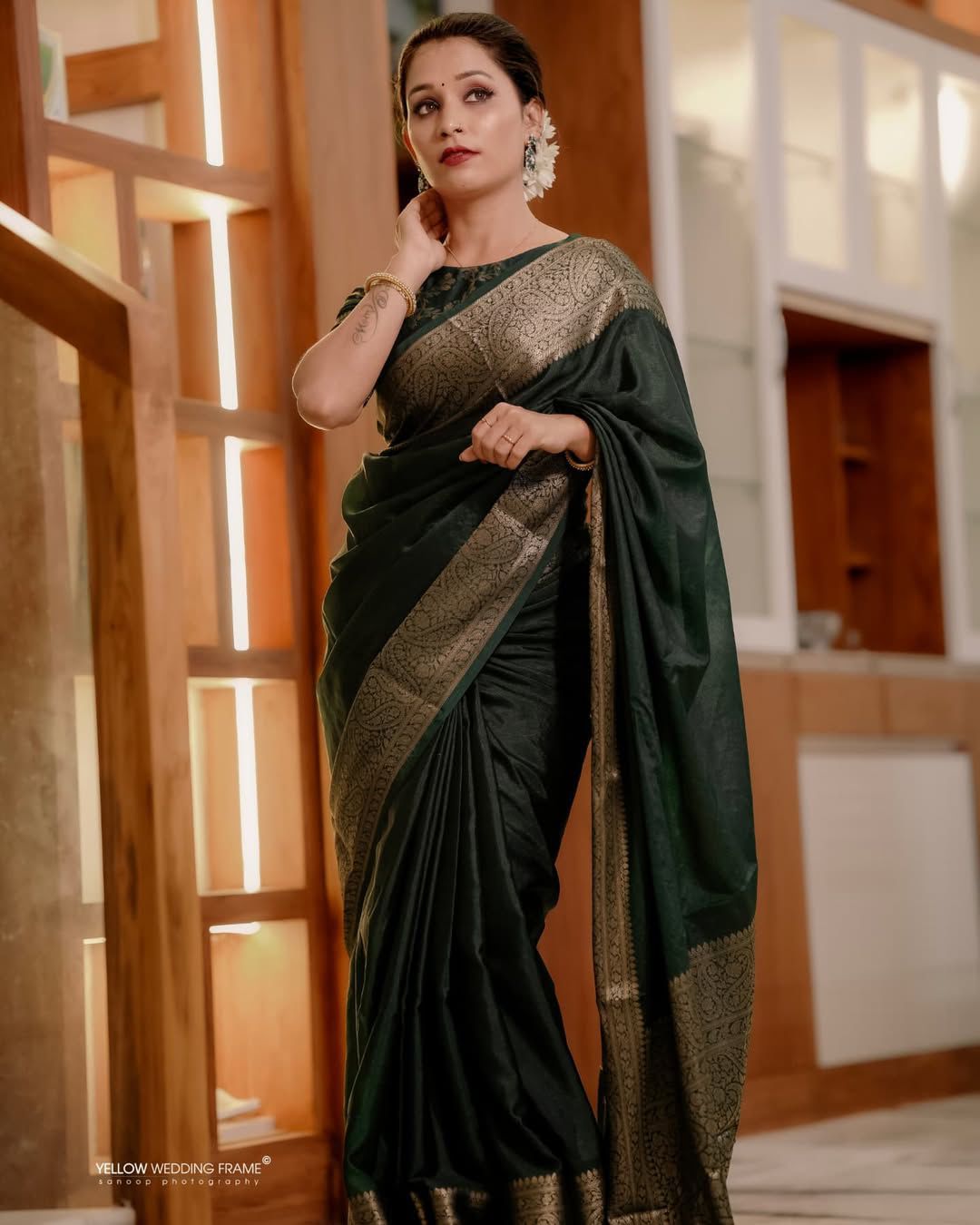 Green Soft Lichi Silk Border Lace Work Saree