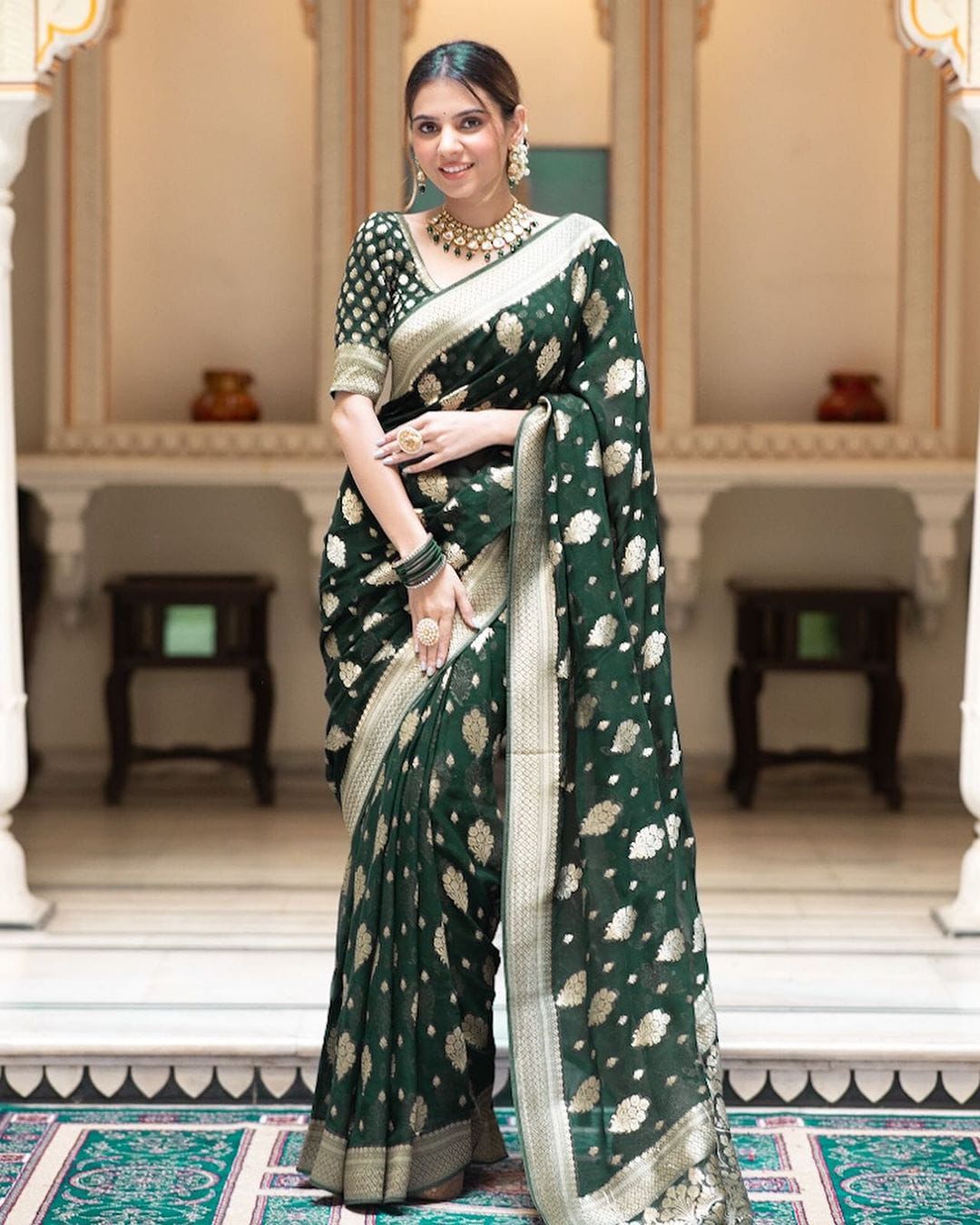 Green Soft Lichi Silk Jacquard Work Saree