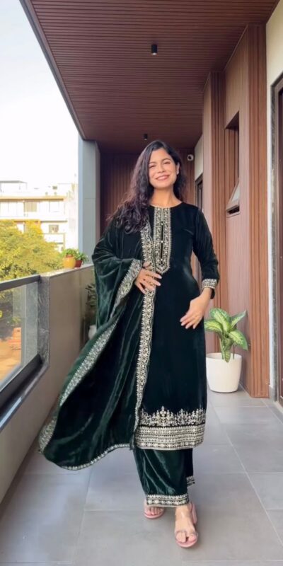 Green Velvet Embroidery Work Salwar Suit
