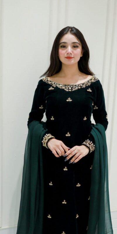 Green Velvet Lace Embroidery Work Salwar Suit